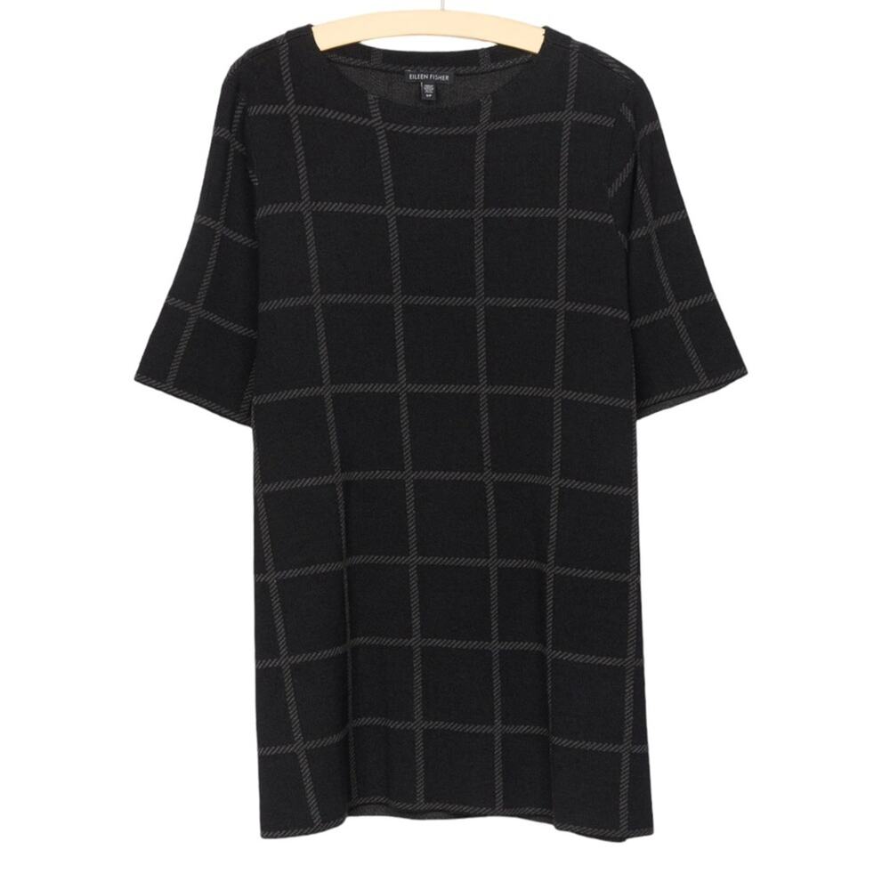 Eileen Fisher Fine Organic Linen Crepe Grid Plaid Black Short Sleeve Top Size L